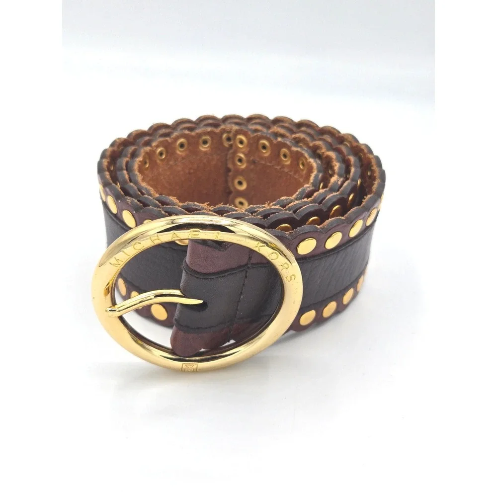 Michael Kors Brown Leather Studded Scalloped Edge Gold Buckle Belt Large‎
